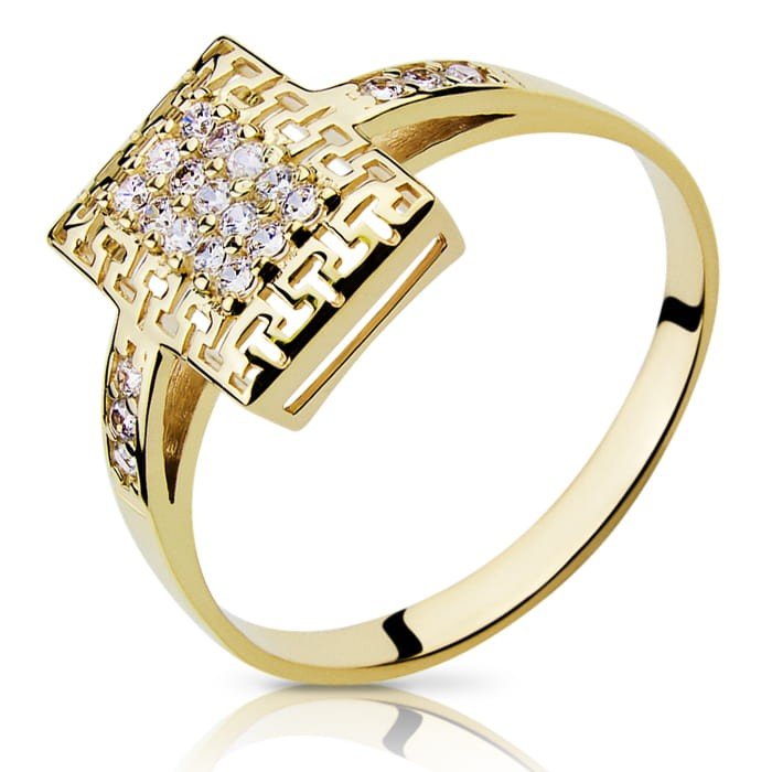 Złoty pierścionek z cyrkoniami i meandrem 14K - P0775 - Marand