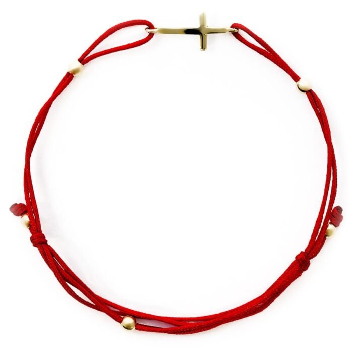 Bransoletka złoty KRZYŻYK na czerwonym sznurku - B596_1 - Marand