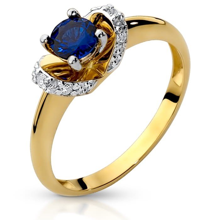 Złoty pierścionek zaręczynowy z Szafirem i cyrkoniami - P01011S - Marand