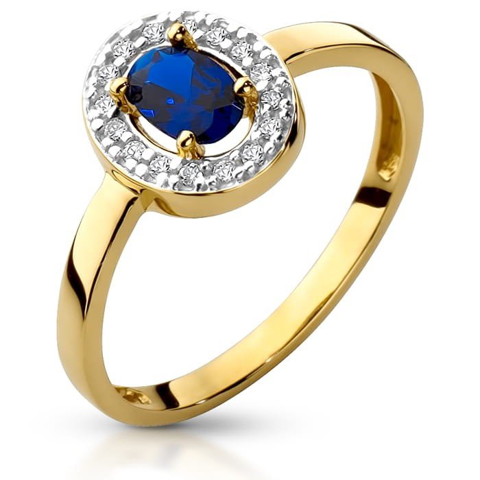 Złoty pierścionek z Szafirem i cyrkoniami - P01032S - Marand