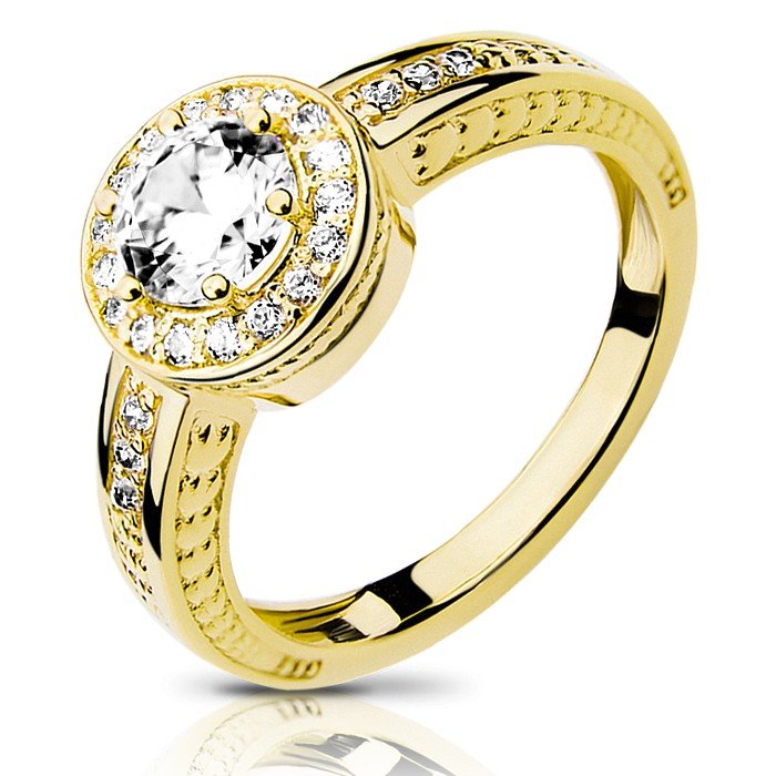 Złoty pierścionek z cyrkoniami i ornamentem roślinnym - P0751 - Marand