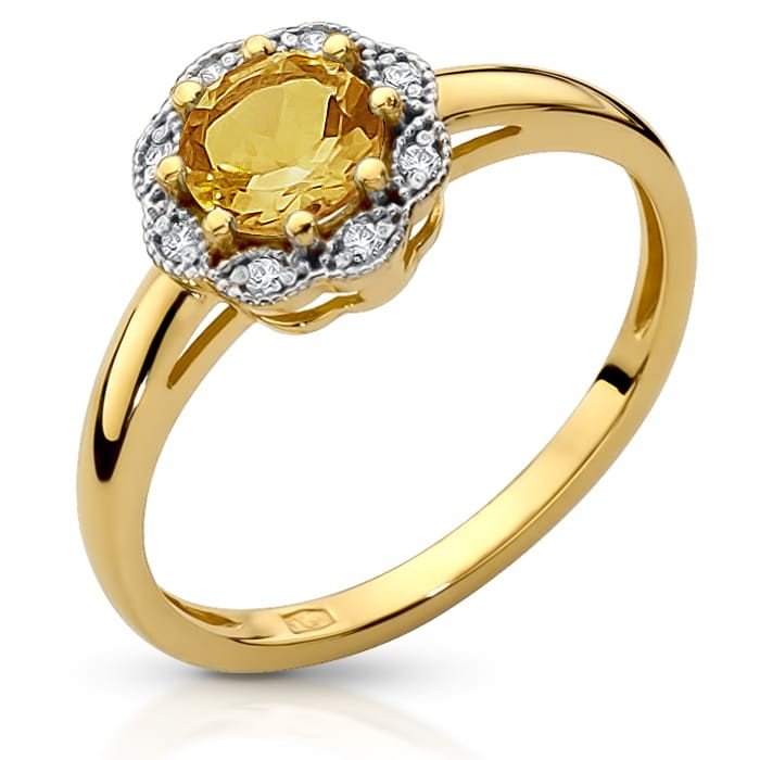 Złoty pierścionek z dużą żółtą cyrkonią i cyrkoniami ALICJA - P0934YC-Y - Marand
