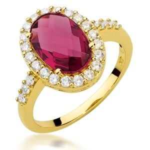 Złoty pierścionek z rubinową cyrkonią i cyrkoniami w retro stylu