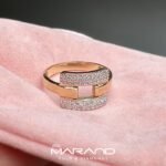Złoty pierścionek w kształcie ogniwa z cyrkoniami, szeroki
