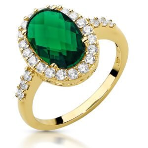 Złoty pierścionek z zielonym owalnym kamieniem i cyrkoniami