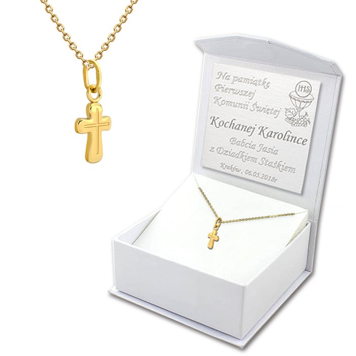 Złoty krzyżyk z łańcuszkiem ankier w komplecie na Chrzest Komunię grawer - KPL747-YG - Marand