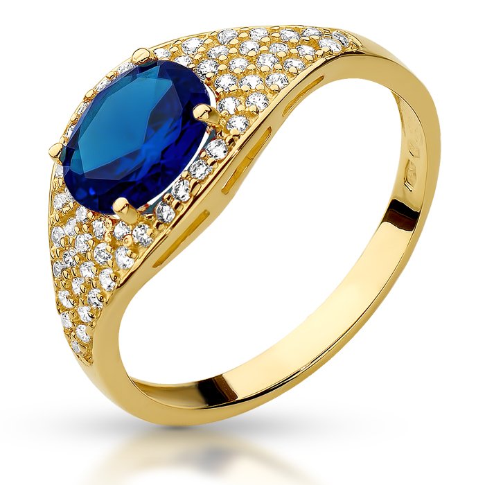 Złoty pierścionek z niebieską cyrkonią duży szeroki