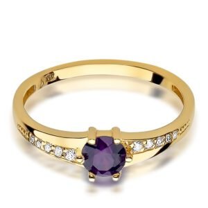 Złoty pierścionek zaręczynowy z fioletową cyrkonią
