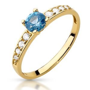 Złoty pierścionek zaręczynowy z błękitną cyrkonią