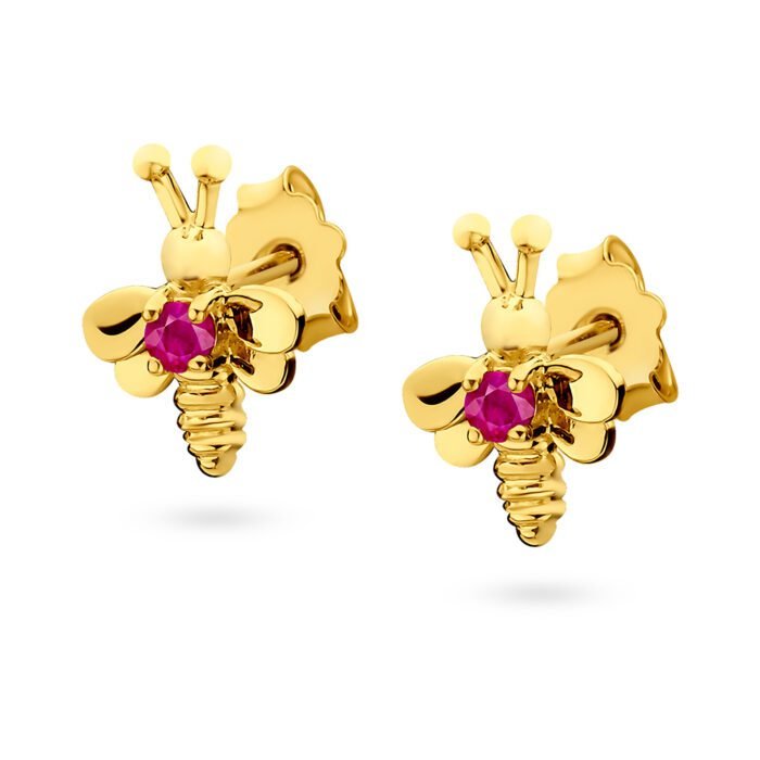 Złote kolczyki pszczółki na sztyft z rubinową cyrkonią 333 - K56130RC_Y333 - Marand